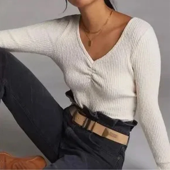 Anthropologie T.La Cinched VNeck Ribbed Top Cream Size Small Classic Boho - Picture 1 of 9